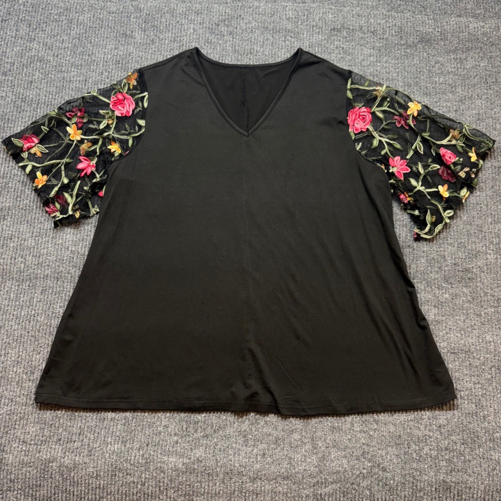 Black Floral Embroidered Mesh Sleeve V-Neck Top Womens 3XL Whimsigoth Boho